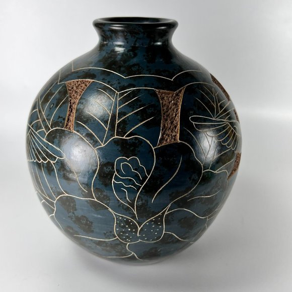 Vtg Nicaragua Vase Clay Pottery Folk Art Carved Incised Hummingbird Flower 6" - Picture 2 of 10